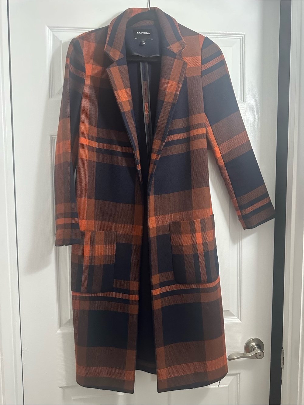 Express Plaid Long Trench Coat - Orange & Navy